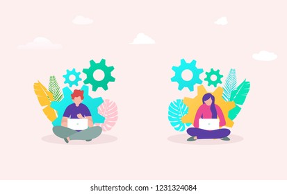 Innovation workflof development vector illustration concept, young man and woman working on laptop, can use for, landing page, template, ui, web, mobile app, poster, banner, flyer