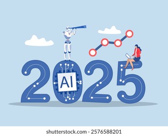 innovation Year 2025 vision,robbot looking use binoculars for discovery new business chip by ai or Artificial Intelligence to achievement or plan for success,new year resolution concept