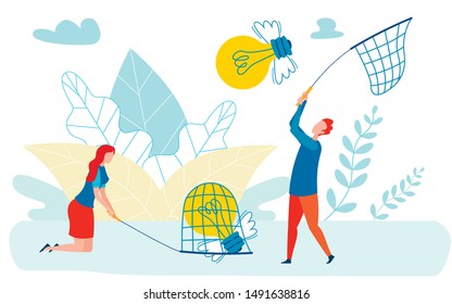 Innovations Competition Metaphor Flat Illustration. Man, Woman Catching Winged Lightbulbs with Butterfly Nets. Cartoon Businessman, Investors, Competitors Following Creative Startup Ideas