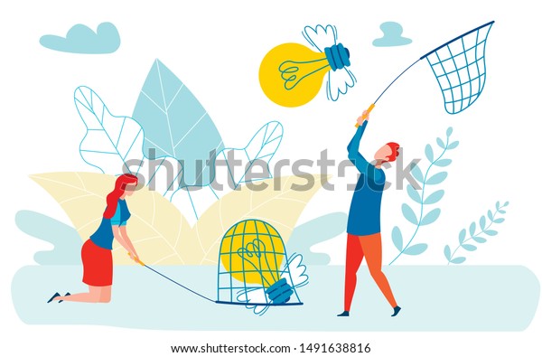 Innovations
Competition Metaphor Flat Illustration. Man, Woman Catching Winged
Lightbulbs with Butterfly Nets. Cartoon Businessman, Investors,
Competitors Following Creative Startup
Ideas