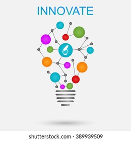 Innovations concept illustration. Light bulb with colored cells . 