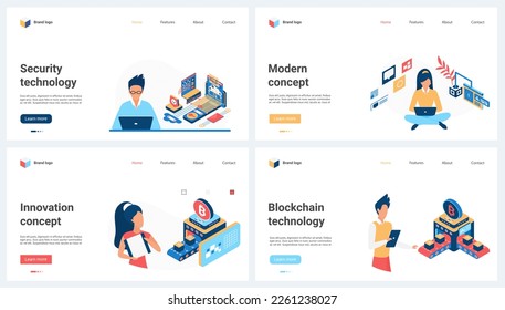 Innovations in digital data security, modern blockchain technology set vector illustration. Cartoon tiny people work with future cyber systems and datacenter connection, secure cryptocurrency transfer
