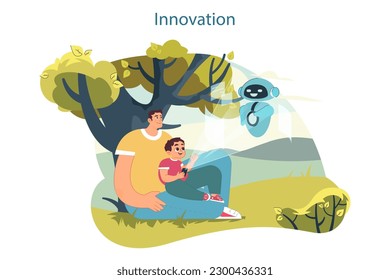 Innovations. Digital progress, robotics and engineering science achievements in modern family life. Child learning about future society sustainable development. Flat vector illustration