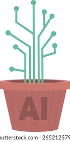 Inovações em ecologia usando inteligência artificial e energia verde.
Composição vetorial da planta AI na forma de conexões neurais, soluções ecológicas baseadas em inteligência artificial.