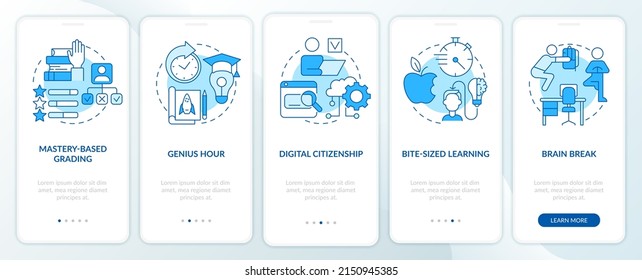 Innovations in education blue onboarding mobile app screen. Learning walkthrough 5 steps graphic instructions pages with linear concepts. UI, UX, GUI template. Myriad Pro-Bold, Regular fonts used