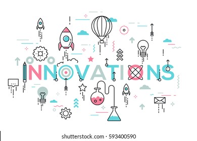 Innovations, innovative ideas, devices and methods, effective solutions and inventions. Modern Infographic banner with elements in thin line style. Vector illustration for presentation, website.