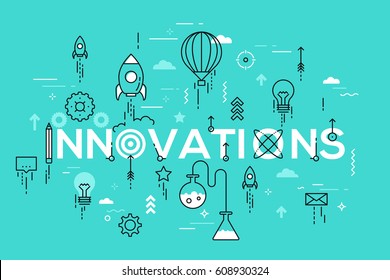 Innovations, innovative ideas, devices and methods, effective solutions and inventions. Modern Infographic banner with elements in thin line style. Vector illustration for presentation, website.