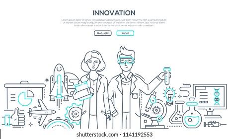 Innovations - line design style isolated illustration on white background with place for your text. Two young scientists and important world discoveries in chemistry, medicine, space, social media