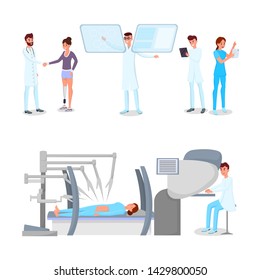 Innovations in medicine vector illustrations set. Modern hospital staff, doctors and patients cartoon characters. High tech healthcare, medical clinic modernization, physicians working with technology