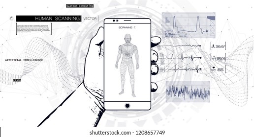 Innovations systems, Body scan on the phone, human condition online, future technology. Vector illustration 