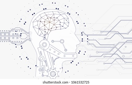 Innovations systems connecting people and robots devices. Future technologies in automatics cyborg systems and computers industry from awesome internet developments. Geometry style with linear pictogr