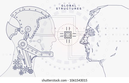 Innovations systems connecting people and robots devices. Future technologies in automatics cyborg systems and computers industry from awesome internet developments. Geometry style with linear pictogr