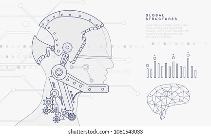 Innovations systems connecting people and robots devices. Future technologies in automatics cyborg systems and computers industry from awesome internet developments. Geometry style with linear pictogr