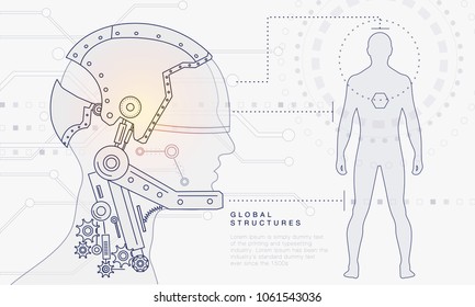 Innovations systems connecting people and robots devices. Future technologies in automatics cyborg systems and computers industry from awesome internet developments. Geometry style with linear pictogr