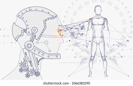 Innovations systems connecting people and robots devices. Future technologies in automatics cyborg systems and computers industry from awesome internet developments. Geometry style linear pictogram