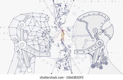 Innovations systems connecting people and robots devices. Future technologies in automatics cyborg systems and computers industry from awesome internet developments. Geometry style linear pictogram