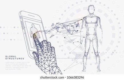 Innovations systems connecting people and robots devices. Future technologies in automatics cyborg systems and computers industry from awesome internet developments. Geometry style linear pictogram