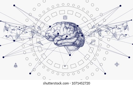 Innovations systems connecting people and robots devices. Future technologies in automatics cyborg systems and computers industry from awesome internet developments. Geometry style with linear pictogr