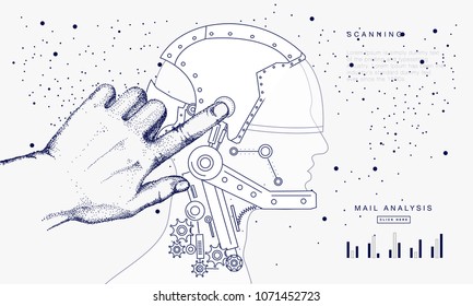 Innovations systems connecting people and robots devices. Future technologies in automatics cyborg systems and computers industry from awesome internet developments. Geometry style with linear pictogr