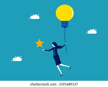 Innovations that help achieve goals. businesswoman  fly with light bulbs to catch star