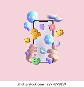 Concepto 3D innovador para una plataforma de red social virtual. Teléfono móvil con iconos volumétricos, emojis, comentarios, corazones, pulgares hacia arriba. Concepto de aplicaciones de comunicación. Ilustración vectorial.