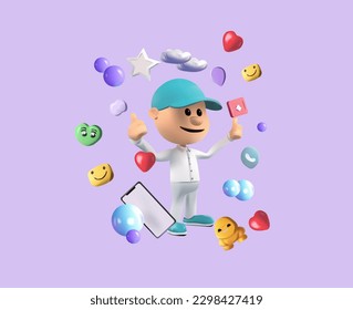 Innovative 3D concept for a virtual social networking platform. Emojis, comments, hearts, character, thumbs up and play buttons. Concept communication applications. Vector. 