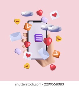 Innovative 3D concept for a virtual social networking platform. A hand grasps a smartphone displaying various interactive icons, emojis, comments, hearts, cloud.Concept communication applications.