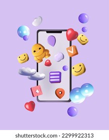 Concepto 3D innovador para una plataforma de red social virtual. Una mano agarra un smartphone que muestra varios iconos interactivos, emojis, comentarios, corazones, nube.Concepto aplicaciones de comunicación.