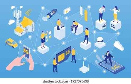 Innovative 5g internet technology isometric horizontal composition with smart home appliances devices users connection background vector illustration