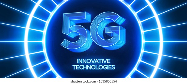 Innovative 5th Generation network technology vector illustration. High speed mobile internet network. Neon blue style background.
