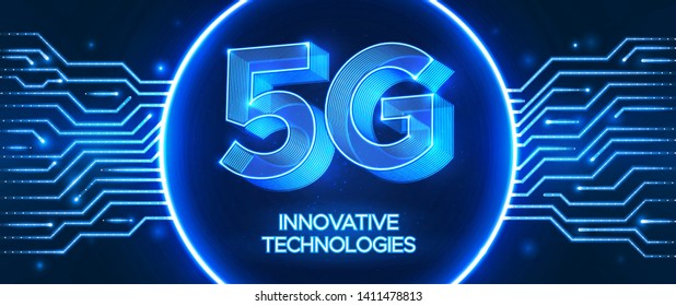 Innovative 5th Generation network technology. High speed mobile internet network.  Abstract  vector illustration in circuit board style. Neon blue style background.