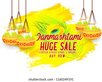 innovative abstract or banner or header for Krishna Janmashtami, Offer, Mega Offer, Discounts, Huge Sale, with nice and creative design illustration.