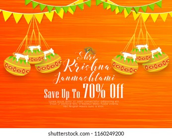 innovative abstract or banner or header for Krishna Janmashtami, Offer, Mega Offer, Discounts, Huge Sale, with nice and creative design illustration.