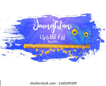 innovative abstract or banner or header for Krishna Janmashtami, Offer, Mega Offer, Discounts, Huge Sale, with nice and creative design illustration.