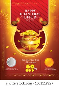 innovative abstract, banner or poster for Dhanteras with Goddess Maa Lakshmi / with Gold coin in pot for Indian dhanteras and diwali festival celebration