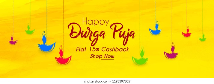 Innovative abstract or poster for Shubh Navratri or Durga Puja with nice and creative design illustration, Durga Puja Flat 15% CashBack.