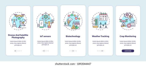 Tecnología de agricultura innovadora a bordo de la pantalla de la aplicación móvil con conceptos. Drones y paseos por satélite a través de 5 pasos de instrucciones gráficas. plantilla de vector de interfaz de usuario con ilustraciones de color RGB