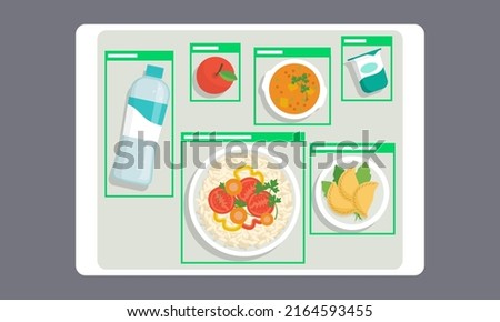 Innovative AI food detection: artificial intelligence recognizing different food items on a tray
