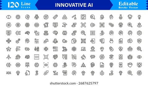 Conjunto de ícones de linha inovadora AI e aprendizagem de máquina, ícones de vetor mínimos profissionais, design perfeito de pixel exclusivo, coleção de arte de linha editável moderna