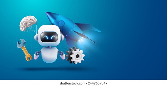 Innovative AI Robot with Brain, Rocket: Vision of Future Technology. Whimsical portrayal of AI with a human-like brain, rocket, and tools, merging ideas of intelligence, space exploration, innovation.