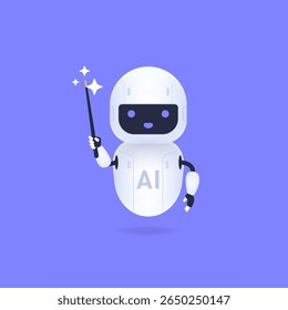 Innovative AI robot holding a magic wand against purple background cartoon illustration.