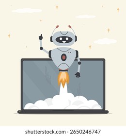 Innovative AI robot with rocket flying up from laptop, machine learning, technology development. Artificial intelligence, innovation. Chat bot increase skills and automation systems. flat vector