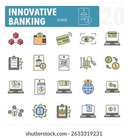 Innovative banking and fintech related modern color line icons for website and mobile application