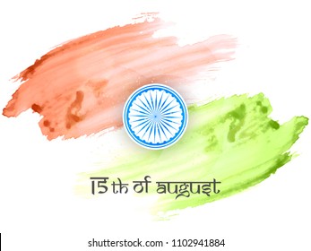 Innovative banner or poster for 15th of August, Independence Day of INDIA, Beautiful brush strokes texture with Asoka Chakra design illustration.