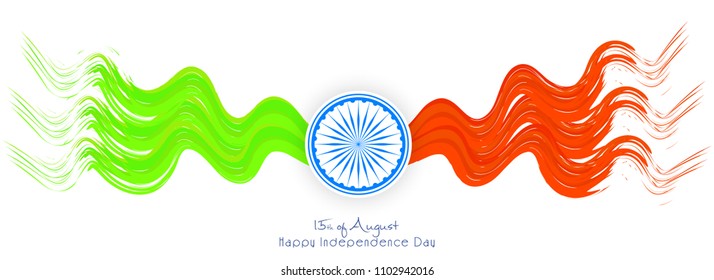 Innovative banner or poster for 15th of August, Independence Day of INDIA, Beautiful brush strokes texture with Asoka Chakra design illustration.