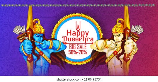 Innovative banner poster for Lord Rama killing Ravana during Dussehra festival of India with message in Hindi meaning wishes for Dussehra