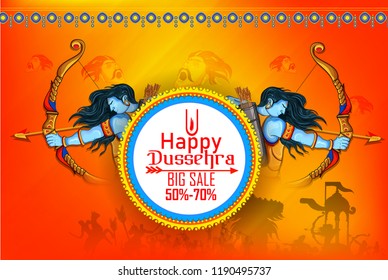 Innovative banner poster for Lord Rama killing Ravana during Dussehra festival of India with message in Hindi meaning wishes for Dussehra
