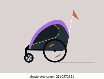 innovative bike trailer showcases a vibrant purple canopy and a contemporary black frame, A stroller designed for comfort and ease of use in bustling city landscapes and park settings