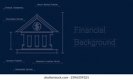 Innovative blueprint-style bank illustration background, making it ideal for projects related to banking technology, financial institutions, and cutting-edge design.