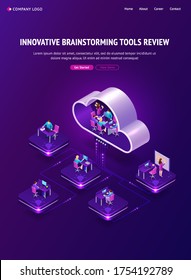 Innovative brainstorming tools review banner. Creative communication and teamwork concept. Vector landing page with isometric office with computer, employee and meeting people